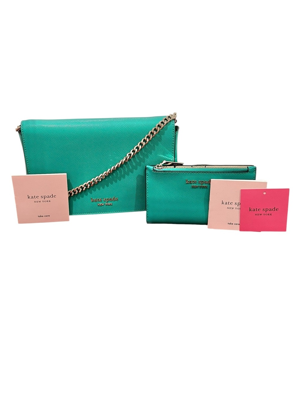 Kate Spade Spencer Chain Wallet Crossbody/Matching Card Holder Fiji Green NWT